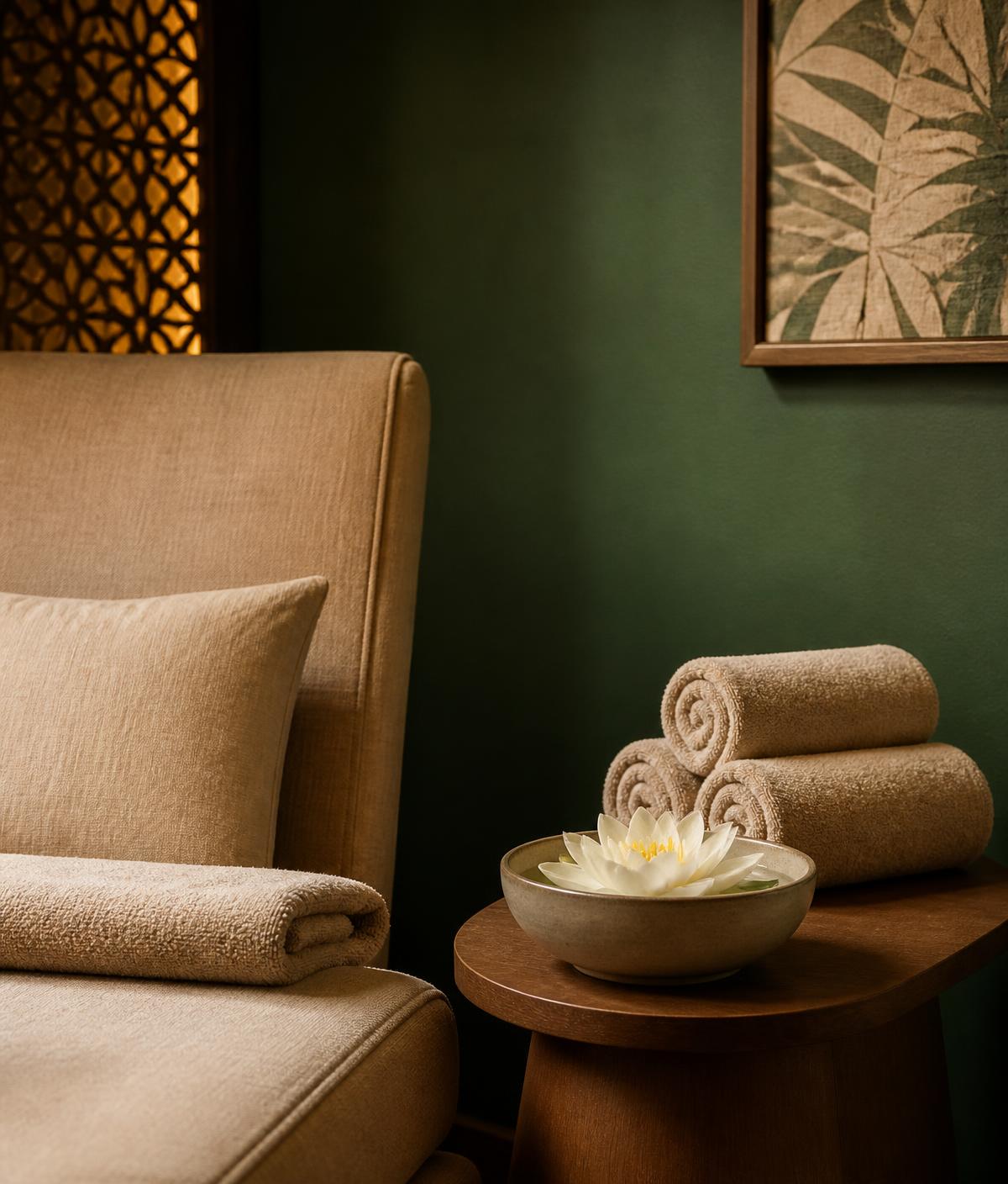 Calm luxury spa corner with tan linen chair, warm towels and a lotus flower