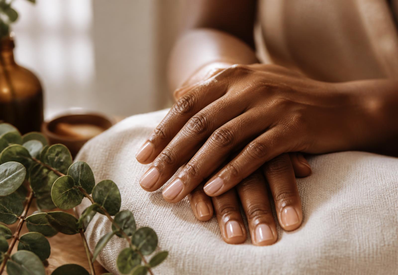 Healthy natural nails resting on soft linen in a calm luxury spa